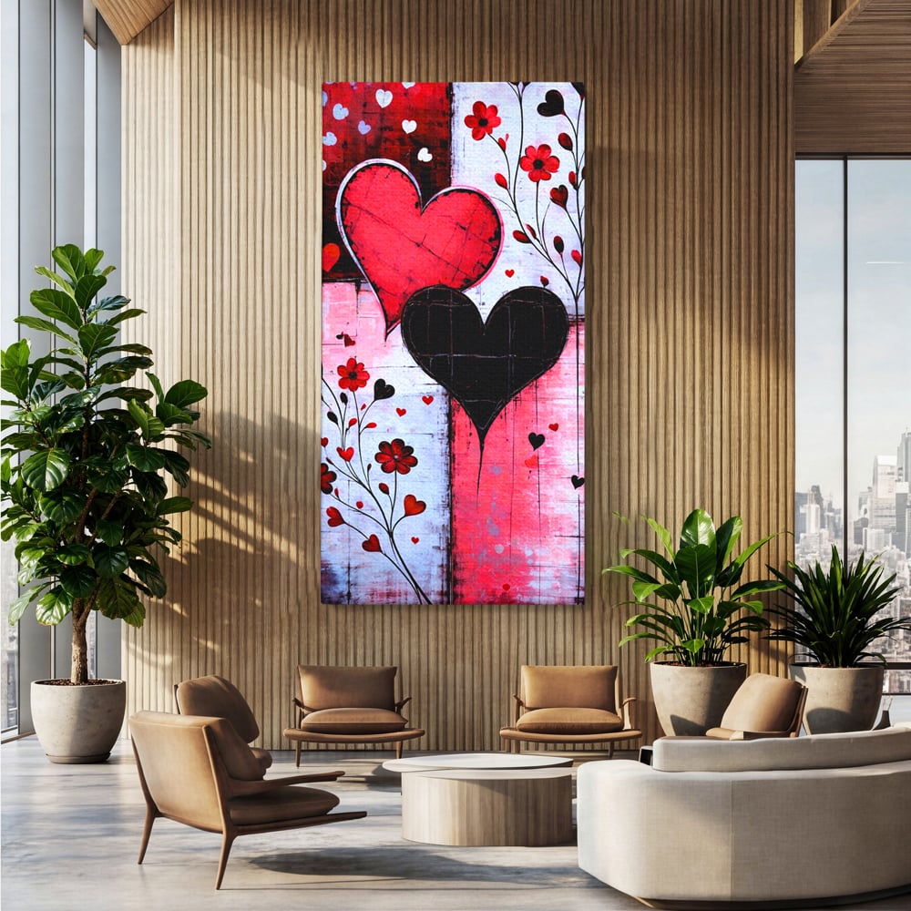 Tablou canvas cu tablou canvas cu inimi si flori, fara rama, pe sasiu de lemn, pe perete intr-un birou
